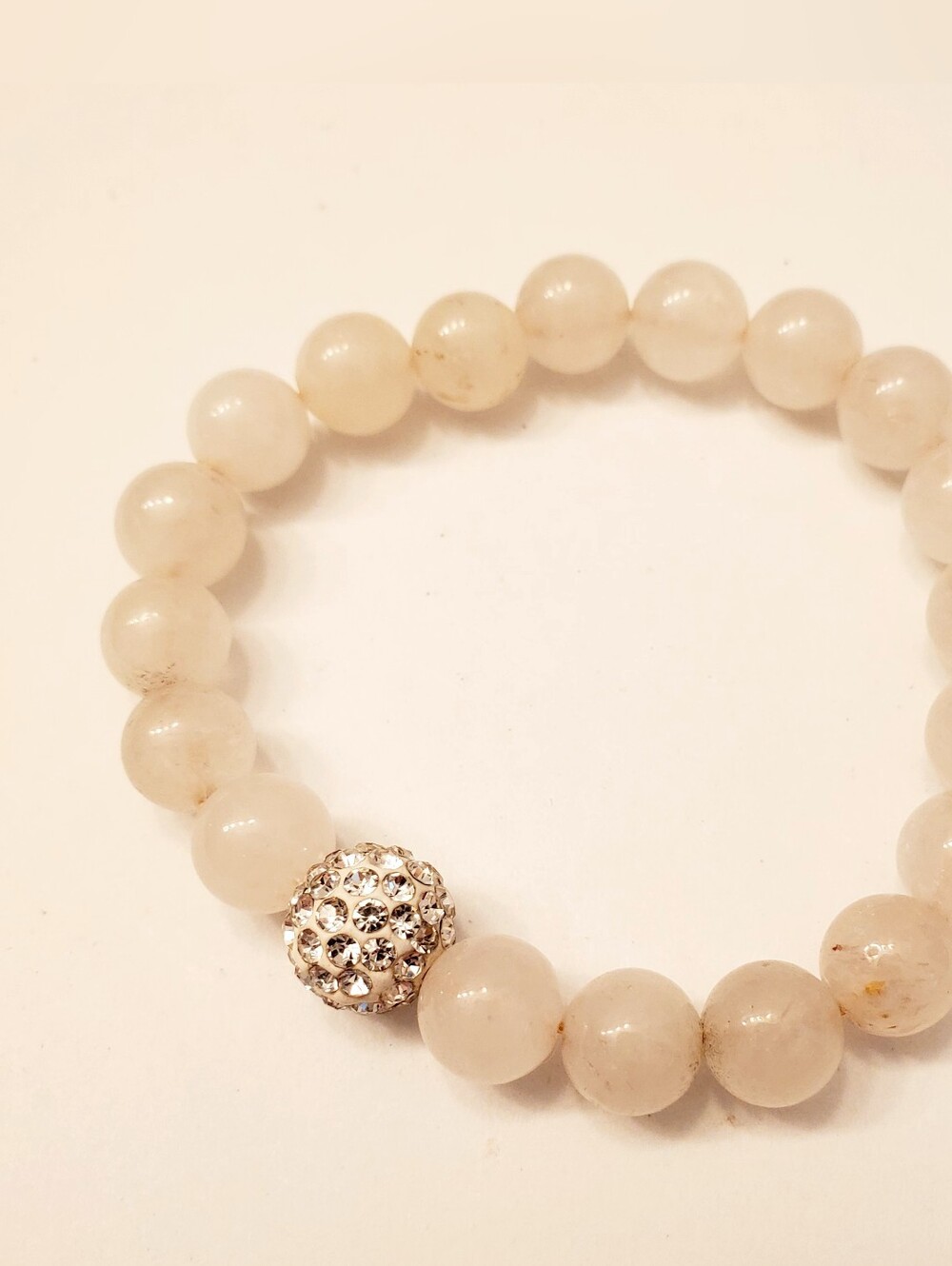 White Jade Beaded Stretch Bracelet with Crystal Accent, Beautiful